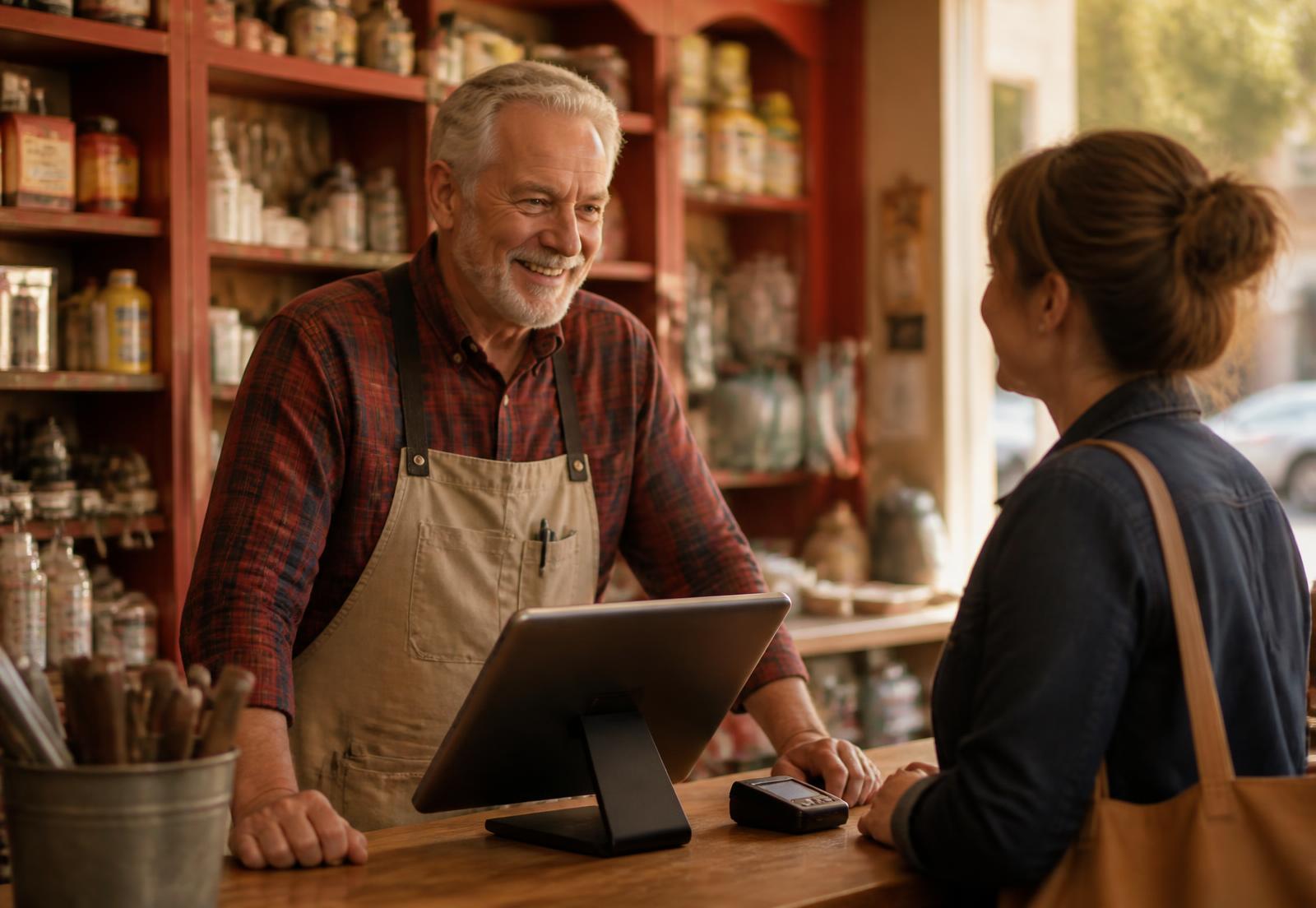 Shop owner ringing up a customer on a counter tablet register